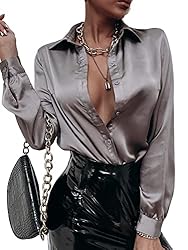 MakeMeChic Women's Satin Silk Long Sleeve Blouse