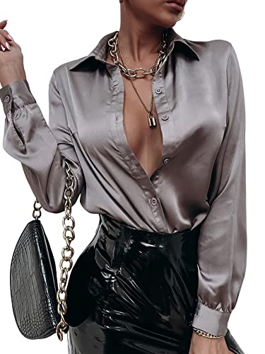 MakeMeChic Women's Satin Silk Long Sleeve Blouse