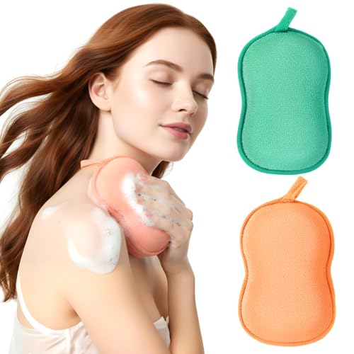 2Pcs Bath Sponge, Ultra Soft Absorbent Sponge for Bathing, Exfoliating Shower Loofah Sponges Bathing Tool for Men Women Body Skin(Green+Orange)