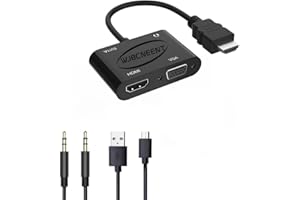 HDMI to VGA HDMI Adapter, HDMI to Dual HDMI VGA Splitter Converter（Dual Display at Same Time with Charging Cable and Audio Ca
