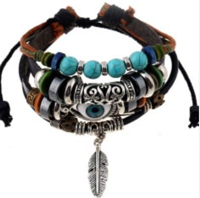 Fashion Vintage Feather Charm Bracelet With Evil Eye and Turquoise Beaded Bracelet