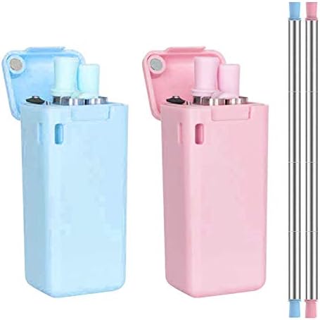 Woeau Portable Collapsible Reusable Straw,Food-Grade Silicone Stainless Steel Foldable Pocket Metal Folding Drinking Straws with Case Perfect for Outdoor, Home, Office, School, Travel Or Gift๏ผ2 Pack๏ผ