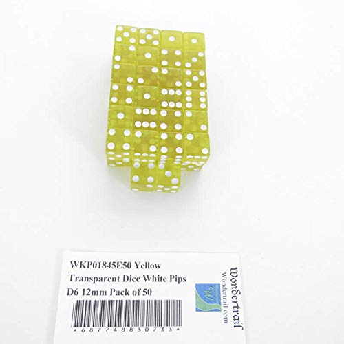 Yellow Transparent Dice with White Pips Square Corners D6 12mm (1/2in) Pack of 50 Wondertrail