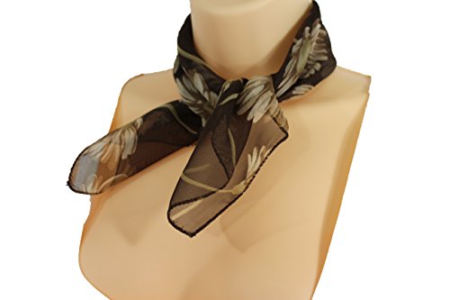 TFJ Women Fashion Small Neck Scarf Sheer Floral Fabric Flowers Pocket Square Brown