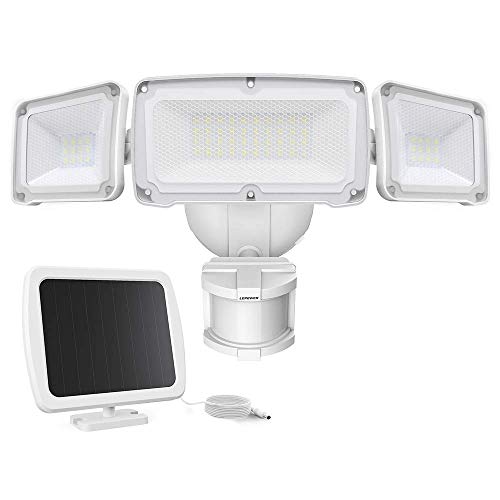 LEPOWER 1600LM Solar Lights Outdoor, Super Bright LED Solar Motion Sensor Light Outdoor, IP65 Waterproof Security Lighting Solar, 6000K LED Security Lights, 3 Head LED Flood Light for Yard, Patio