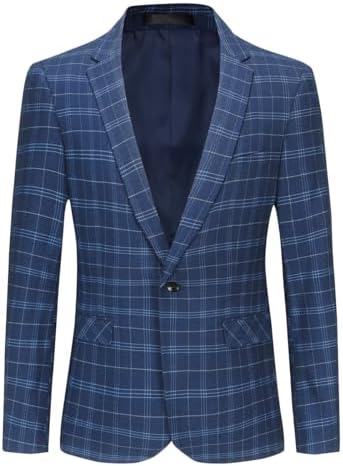 Mens Blue Plaid Tweed Wool 2 Buttons Single Breasted Suit Jacket