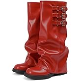 EQAUDES Knee High Boots Women Fall Slouchy Fold Over Tall Boots - Motorcycle, Hidden Zipper, Fashion Buckle, Platform, Square Toe