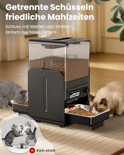 Futterautomat Katze für 2 Katzen, 5L/20 Tassen Katzenfutter Automat mit verstellbaren Schalen, Abnehmbares Bedienfeld, zeitgesteuert, Katzen- und Hunde Futterautomat für Trockenfutter