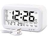 WinFong Alarm Clock, Backlight LCD Digital Alarm Clock with 3 Alarms Thermometer Calendar Large Display Smart Nightlight Soft Light Snooze, Battery Operated with USB Charger (White)