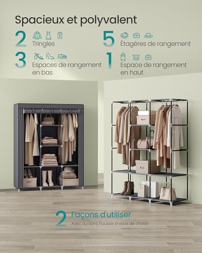 Armoire Chambre, Porte-vêtements, Penderie, avec Housse en Tissu Non-tissé, Tringles, Étagères, 45 x 130 x 168 cm, Grande Capacité, Gris Tourterelle RYG096G01