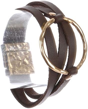 Parisian Chic Bracelet Hammered Metal Cutout Circle Faux Leather Multi Strand Magnetic Closure Drop Brown