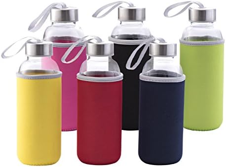 HomEquip 6 Pk, 16 oz Glass Water Bottles with Colorful Sleeves &amp; Loop- BPA Free, Airtight &amp; Leak Resistant: Best Reusable Sports Drinking Bottles for Fresh Juices, Juicing, Tea &amp; Bulk Beverages