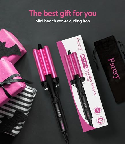Mini Hair Crimper 3 Temperature Adjustable, 3 Barrel Curling Iron for Short Hair, Hair Waver for Women Beach Waves, 1/2 Inch Travel Size, Dual Voltage, Pouch Bag