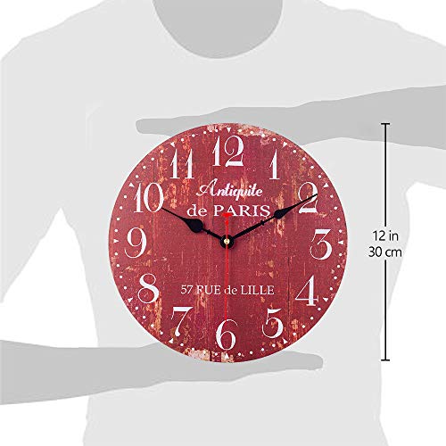 SkyNature Wooden Wall Clock, Silent Non-Ticking Battery Operated Quartz Movement, Large Arabic Numerals Vintage Rustic Decorative Clock for Living, Dining, Bedroom, Kitchen - 12 Inch, Distressed Red