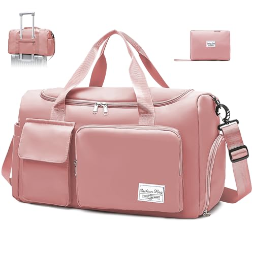 Hoseay Travel Sport Bags Overnight Gym Bag with Shoes Compartment & Wet Pocket Duffel Bag Waterproof Portable Foldable Lightweight Weekend Swimming Hospital Camping Holdall Bag for Women Pink Purple