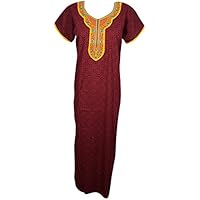Mogul Interior Womens Caftan Red Nightgown Neck Embroidered Lounge Wear Maxi Dress L