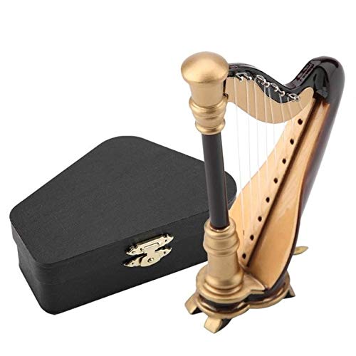 ZAMTAC GLOGLOW 4in Wooden Miniature Harp Replica with Gift Case Instrument Model Musical Gifts Ornaments - (Color: Black)