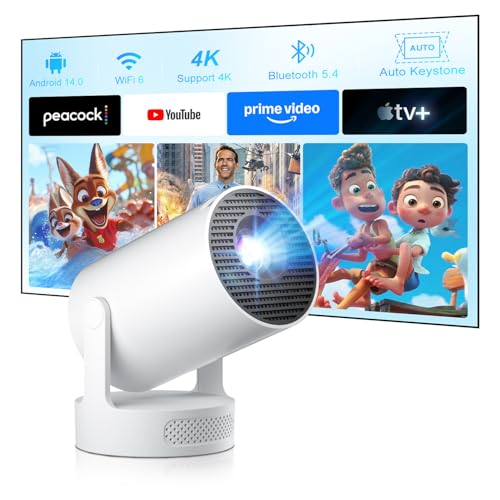 [2026 Upgraded & Integrated App] Salange Mini Projector 4K 1080P Support, Android 14 Smart Projector, Beamer Handy Small for Outdoor, 5W Bass Speaker, WiFi6 Bluetooth 5.4