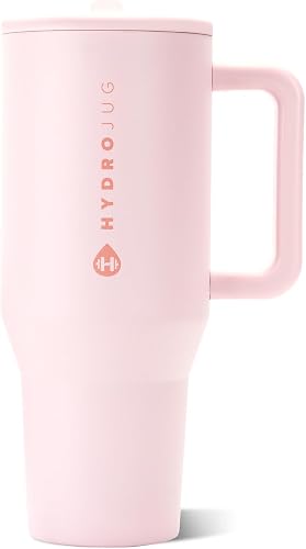 HydroJug Traveler 40oz, Insulated Tumbler with Handle & Straw, Pink Sand | Triple wall insulated, flip straw lid, leak-resistant, stainless steel, cup holder friendly, BPA-free, dishwasher safe