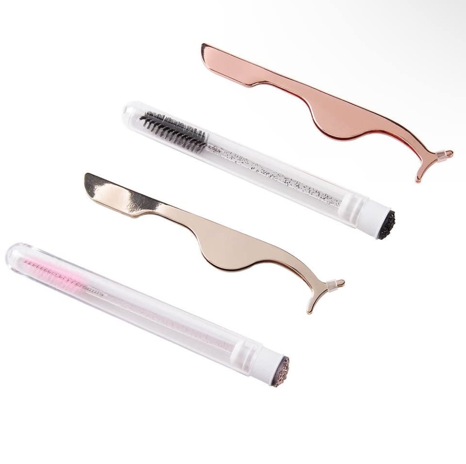 2 Piece Eyelash Applicator, Stainless Steel, With Curved Tip and Matching Eyelash Brush For Easy Application and Removal (Rose Gold & Pink)