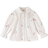 Girls Baby Doll Collar Shirt Girl Blouse Shirts Spring Fall Long Sleeve with Flower Embroidery Tops Button Cute Shirts