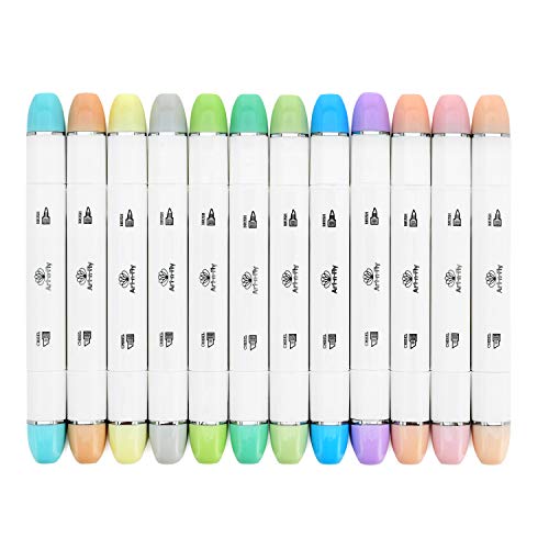 ArtnFly Professional Brush Tip Markers Set of 12 Pastel Colored Manga