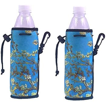 E - Living 500ML (16.9 OZ) Collapsible Printed Neoprene Water Bottle Drawstring Cooler/Coolie / Cover/Insulator / Holder/Huggie / Sleeve - 2 Pack (12 Colors) (Almond Blossom)