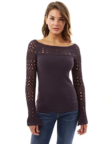 PattyBoutik Women's Boat Neck Crochet Inset Sweater (Dark Purple M)