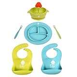 Baby Feeding Set - Silicone Bib Plates Bowls Spoons BPA Free -Toddler Divided Plate Bowl & Soft Spoon Teether- Self Feed, Easy Clean,Safe for Children, Waterproof Spill Resistant