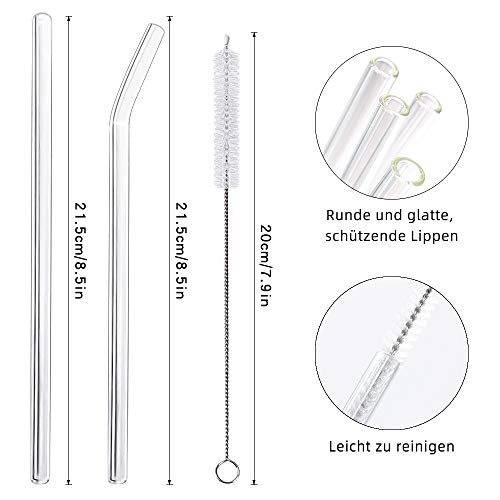 Glasstrohhalme Wiederverwendbar 16 Stück - 6 Gerade Glas Strohhalme und 6 Gebogene Strohhalme Glas 21,5 cm mit 4 Reinigungsbürsten, Geeignet für Bubble Tea, Slush, Cocktail, Säfte – Bild 2