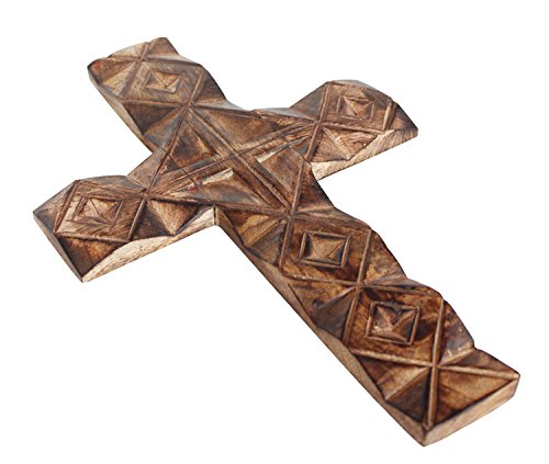 Wooden Wall Cross Plaque 12" Long Hanging with Hand Carvings Religious Altar Home Living Room Decor
