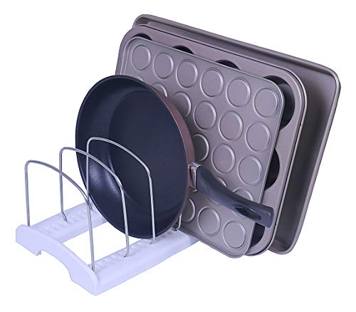 Felibeaco Adjustable Bakeware Cookware Organizer Holder Rack, Pot and Pan Organizer Rack, Cutting Boards Holder Storage Rack for Kitchen, Cabinet, Countertop and Pantry,white