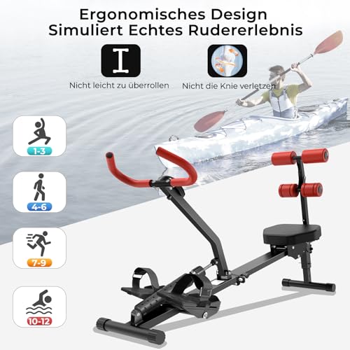 Rudergerät für Zuhause, Micyox Hydraulisches Fitness-Rudergerät mit 12 Widerstandsstufen, Multifunktionaler Rückenlehne, Micyox Heimtrainer Fahrrad Klappbar mit LCD-Display