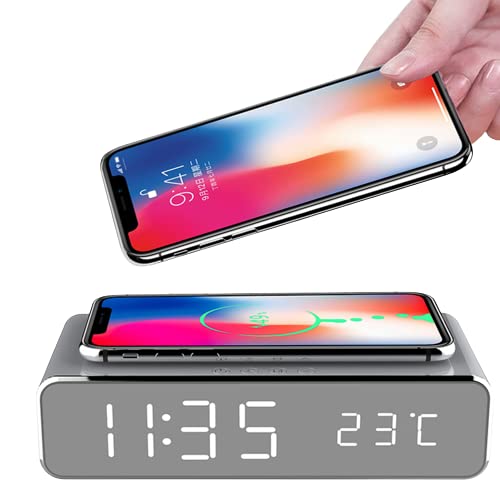 Xuan Wei Wireless Charging Alarm Clock, LED Electric Alarm Clock with Phone Charger Wireless Desktop Digital Thermometer Clock Clock Mirror with Time Memory
