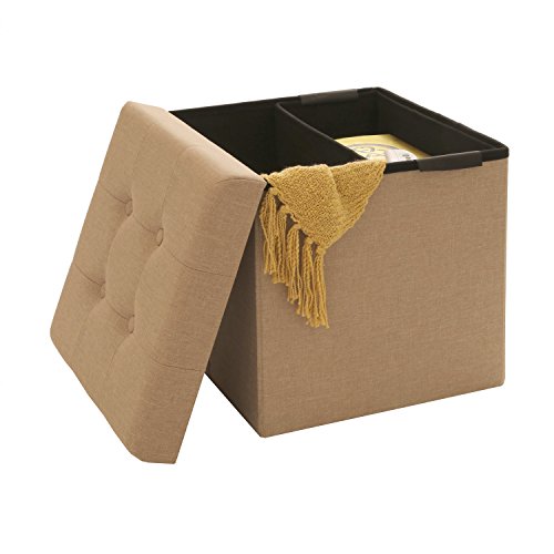 Seville Classics Foldable Tufted Storage Ottoman /w Bin, Oatmeal Beige