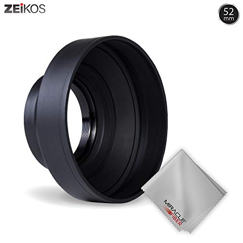 Zeikos 52mm Collapsible Rubber Lens Hood with 3 Stages for Camera Lens with 52mm Filter Thread, Also Includes A Miracle Fiber Microfiber Cloth
