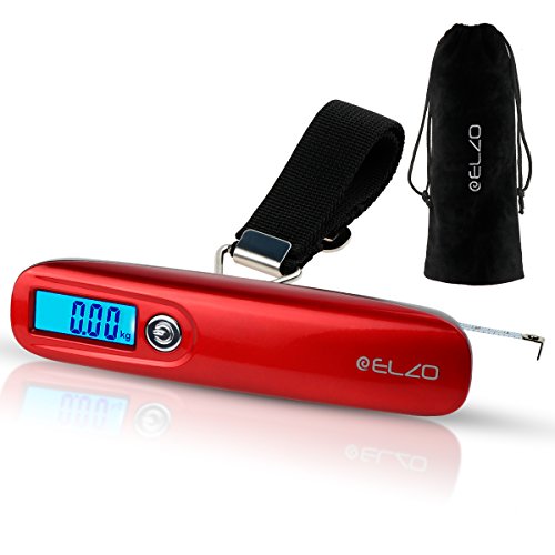 Elzo Digital Luggage Scale with Tape Measure for Travel Baggage Weight & Dimension Measurement, Velvet Carry Protective Bag and CR2032 Lithium Included (Red)