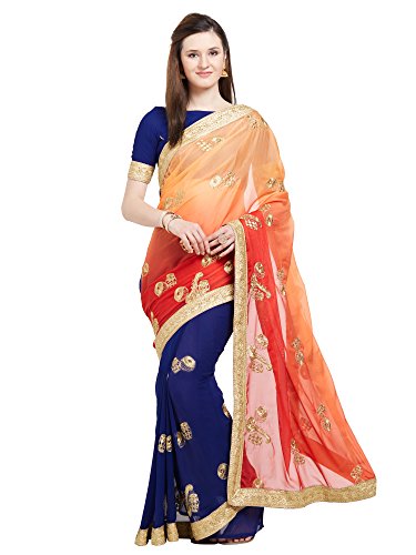 Viva N Diva Saree for Women s Orange & Blue Color Faux Georgette & Chiffon Half & Half Saree with Un-Stiched Blouse Piece,Free Size