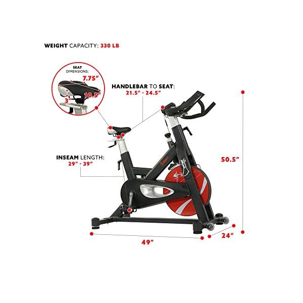 Sunny Health & Fitness Indoor Stationary Exercise Bike, 4-Way Adjustable Seat for Cycling Cardio workout at Home, Optional 49 LB Flywheel, Heavy-Duty & Free SunnyFit App Bluetooth Connect - Image 7