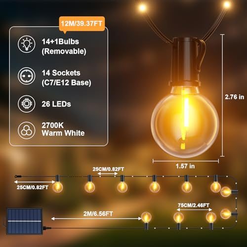 Outdoor Solar String Lights, 12M/39.4Ft Solar String Lights with 14+1 G40 Bulbs and 26 LED Beads, 19 Modes Waterproof IP44 Outdoor String Lights for Garden, Terrace, Wedding, Party