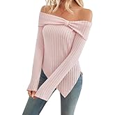 Sumleno Womens Cute Bow Off Shoulder Knitted Sweater Shirt Tops Sexy Side Slit Pullover Trendy Y2k Aesthetic Clothes