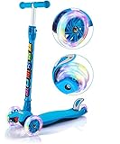 OUTON Kick Scooter for Kids 3 Wheel Lean to Steer Adjustable Height Extra Wide Flashing PU Wheels Blue