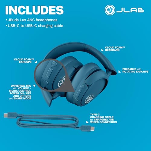 JLab JBuds Lux ANC, Over Ear Headphones, Active Noise Cancelling, Bluetooth, Limited Edition Navy