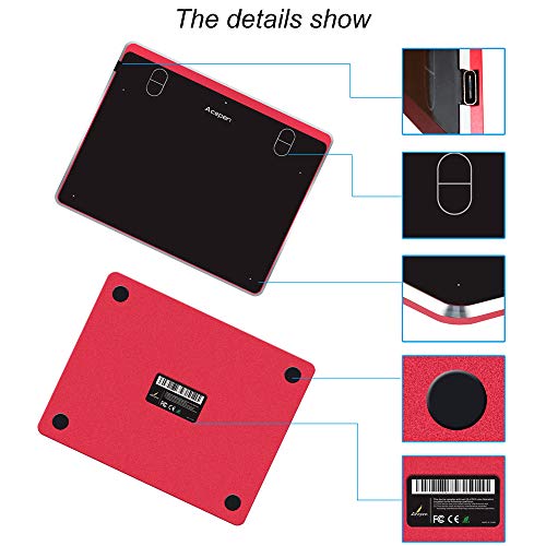 Acepen Ap604 6×4 In4mm Electronic Drawing Tablet Pad, Graphics Tablet, OSU Tablets with Battery-Free Stylus for PC Mac Computer (Red) - Thumbnail 3
