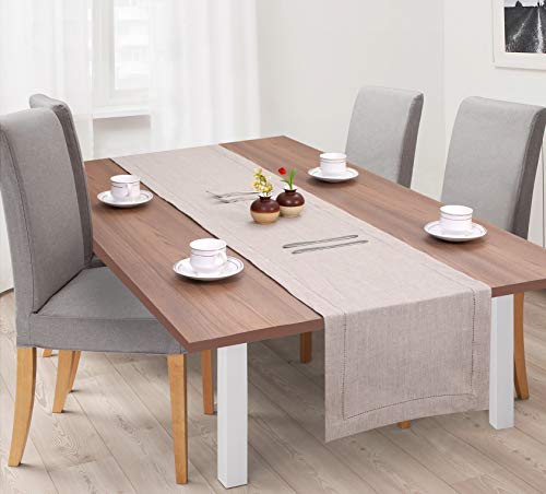 Ramanta Home 100% Linen Table Runner 14x108 Tailored with Mitered Corner & Hand Crafted with Hemstitch Detailing - Natural (1Pack) - Thumbnail 2