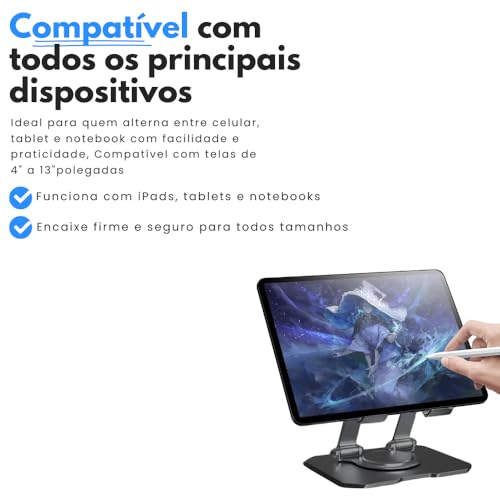 Suporte para Tablet em Metal Resistente Articulado Dobrável Base Rotativa 360º Ajustável Antiderrapante Estável e Portátil Compatível com Dispositivos de 4” a 13” polegadas (Preto)