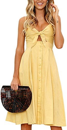 Kafadala Summer Dress for Women Tie Front V-Neck Sleeveless Button A-Line Spaghetti Strap Backless Midi Dress (M, Yellow)