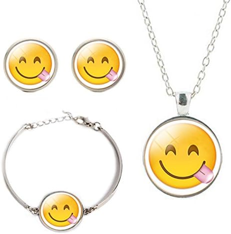 FIONUSUM Emoji Glass Necklace Set Emoticon Time Gem Stud Pendant Charm Bracelet Earring Stud Set for Women