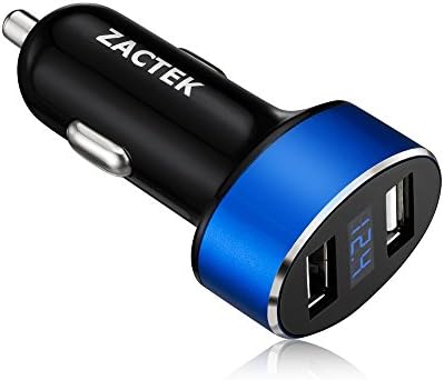 Blue Car Charger - ZACTEK - Fast Dual USB Car Phone Charge with LED Display Battery Monitor Adapter for Apple iPhone 4 5S Plus iPad Tablet Samsung Galaxy S8, Google Nexus, Huawei, ZTE, HTC, SONY