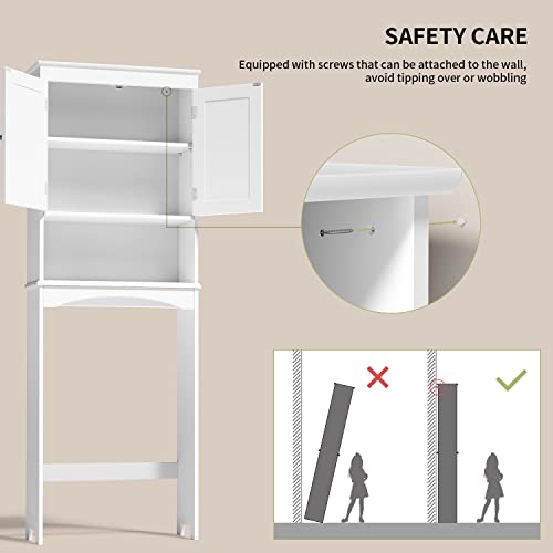 Gizoon Over the Toilet Storage Cabinet with Adjustable Shelf and Double Doors, Bathroom Space Saver Organizer Above Toilet with Open Shelf, Taller Wooden Free Standing Toilet Rack -White